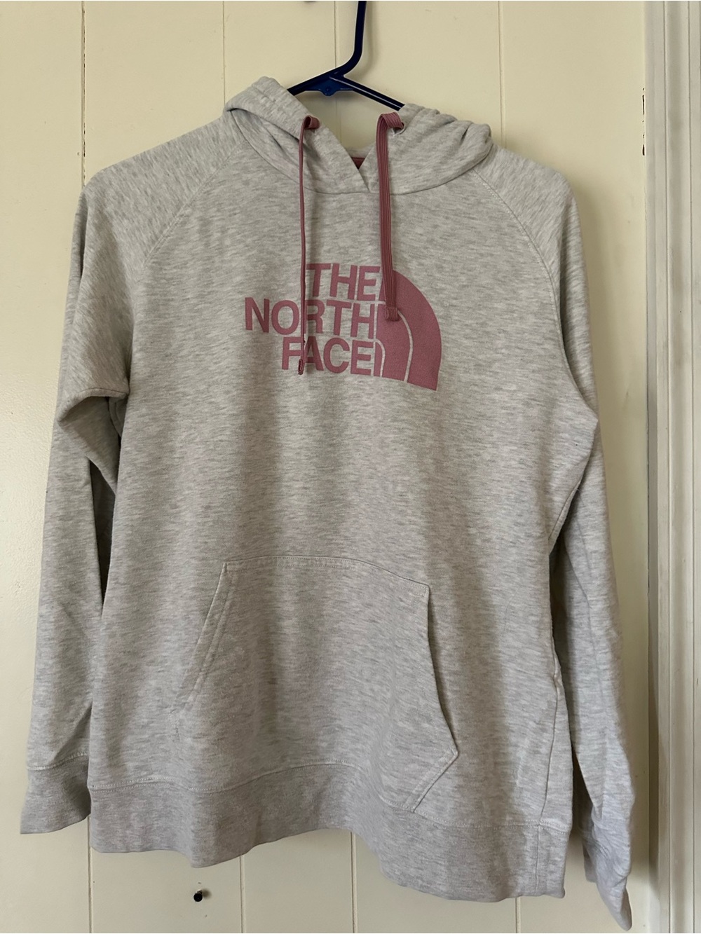 The North Face Light Gray Hoodie with Pink Logo